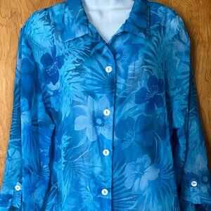 Graff sheer beautiful Blue floral pattern luxury top - button down - XL